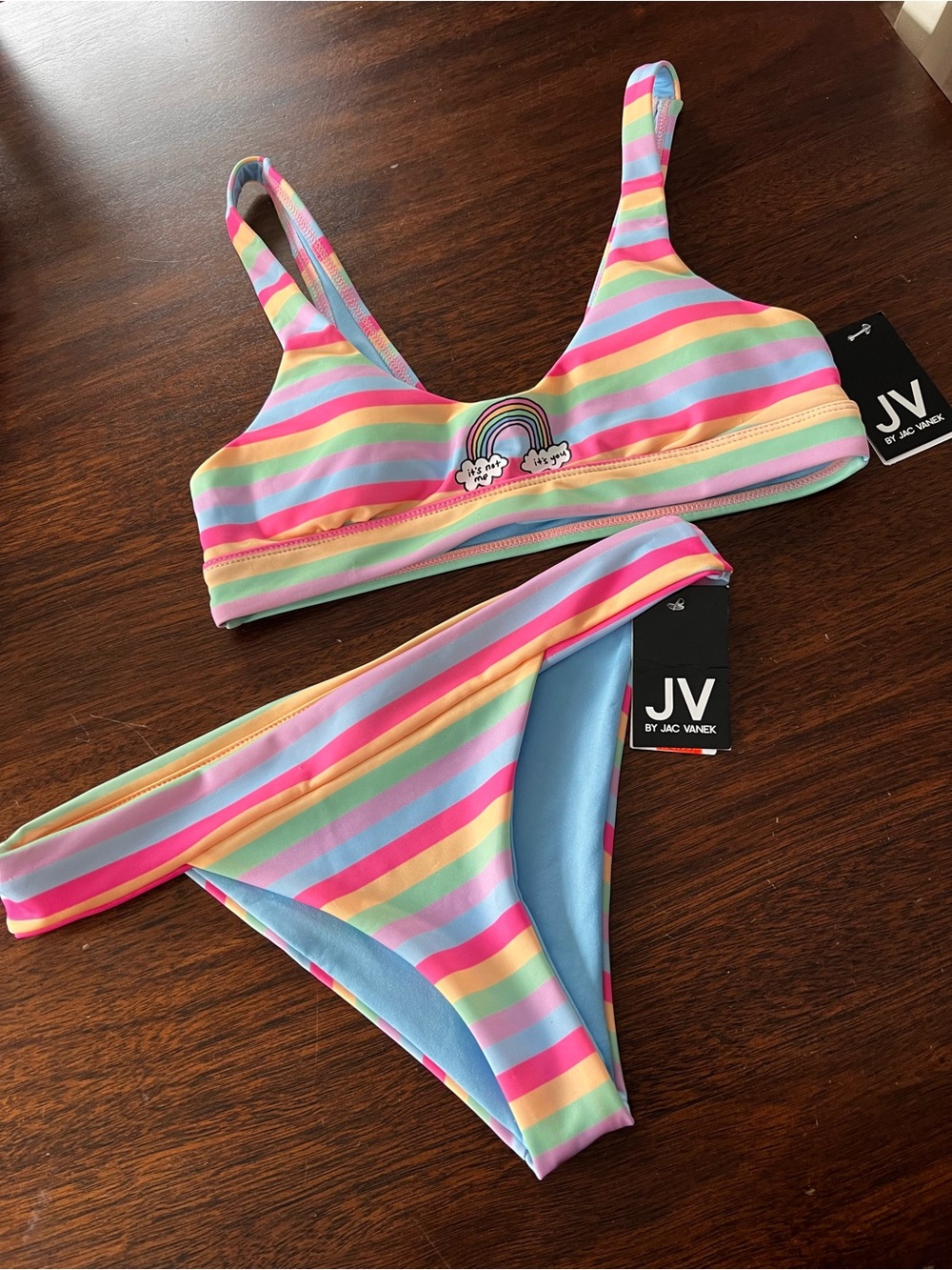 Zumiez ladies Jac Vanek Rainbow Stripe Bikini Set - Pink, Yellow, Blue, Mint